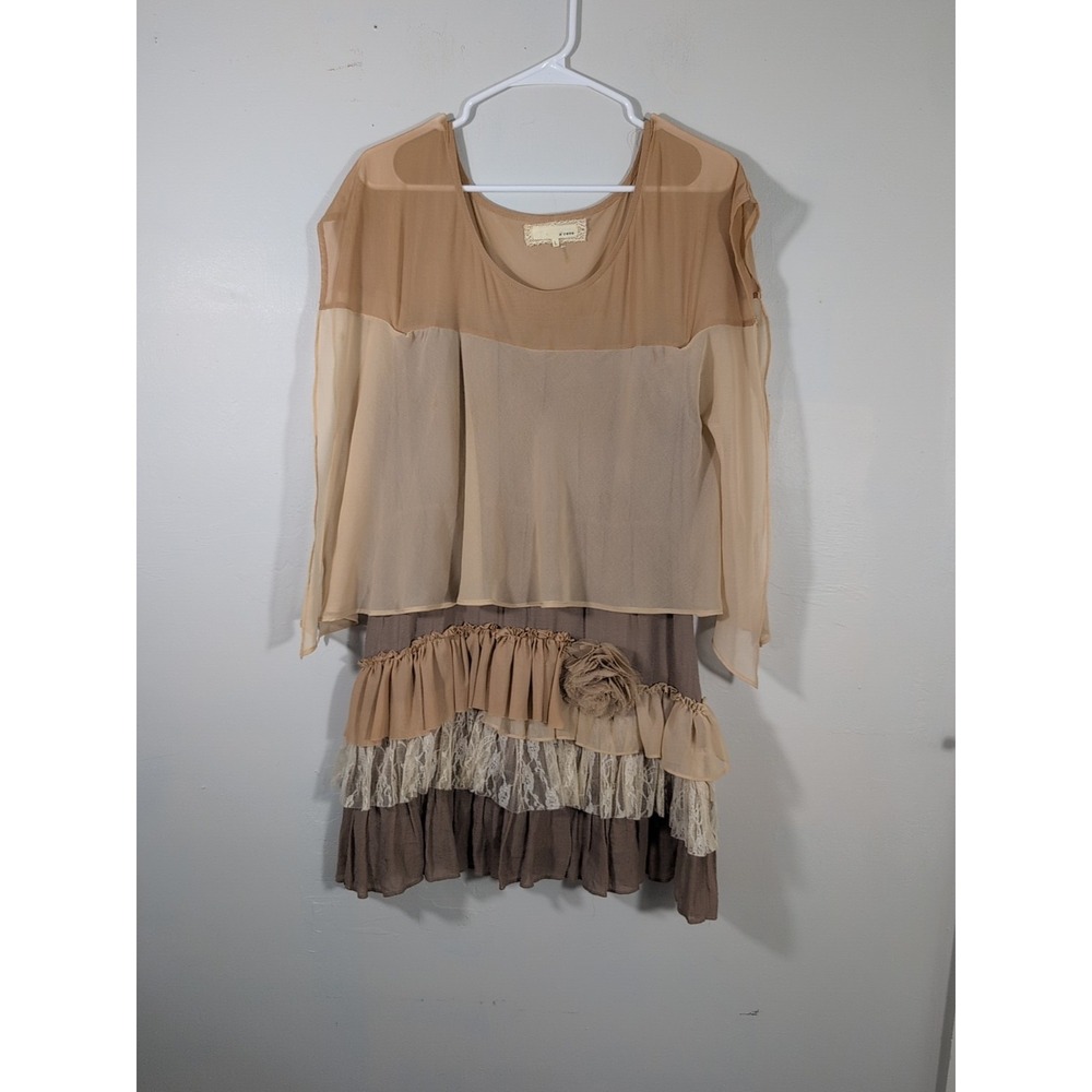 A'reve‎ Ruffle Women's Dress L Beige Cream Brown Tier Layered Short Sleeve Boho